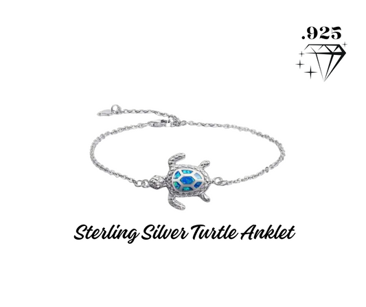Anklet - .925 Sterling Silver with Blue/White Opal Turtle