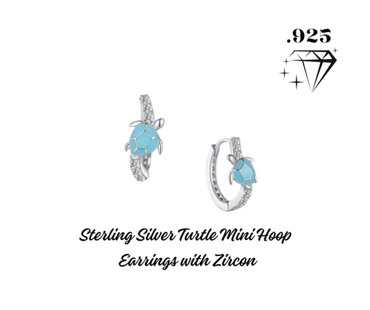 Earrings - Mini Hoops - .925 Sterling Silver Turtle with Zircon - Hypoallergenic