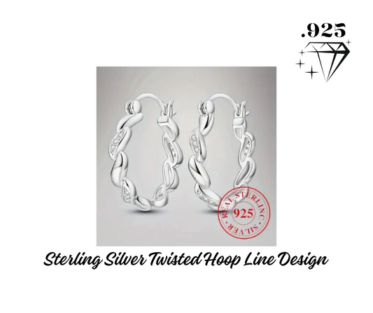Earrings - Hoop - .925 Sterling Silver Twisted Line Design with Ear Buckle